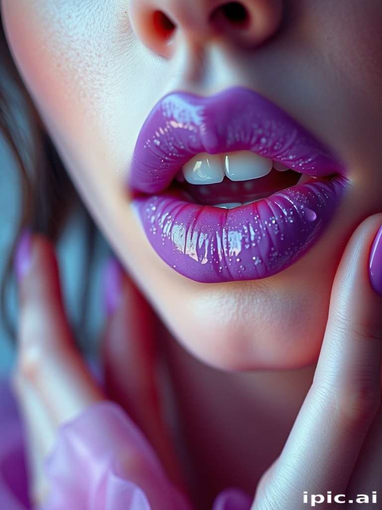 Enchanting lavender lips with a frosted finish, creating an otherworldly and ethereal look, captured in a dreamlike and surreal beauty photograph