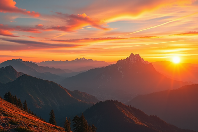 Create a high-resolution digital illustration of a serene mountain landscape at sunrise with vibrant colors, using a Canon EOS R5, ISO 100, aperture f/11, 24mm focal length, wide-angle perspective, and a photo-realistic style.