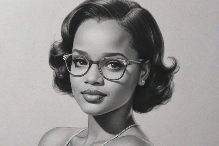 Stunning Kyla Pratt, pencil sketch, portrait of Dazzling woman 1933s in glasses, hair style beatnik, outline, clear lines, fine lines, 8k