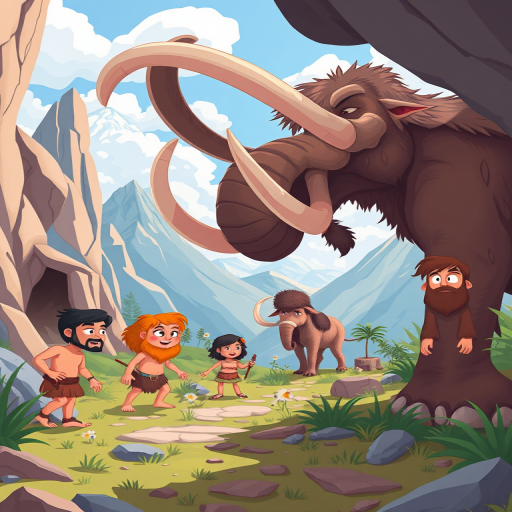 generate an illustration of a prehistoric scene featuring a group of cartoon cavemen and a mammoth in a mountainous landscape, use a vibrant color palette and playful character designs, camera settings: f/5.6 aperture, ISO 100, shutter speed 1/200s, camera view: wide angle, camera style: digital illustration, camera type: virtual studio