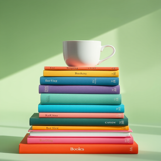 Regenerate the image of a stack of colorful books with a cup on top, using a Canon EOS R5 camera, 50mm lens, f/2.8 aperture, ISO 100, in natural light, focusing on a soft pastel green background.