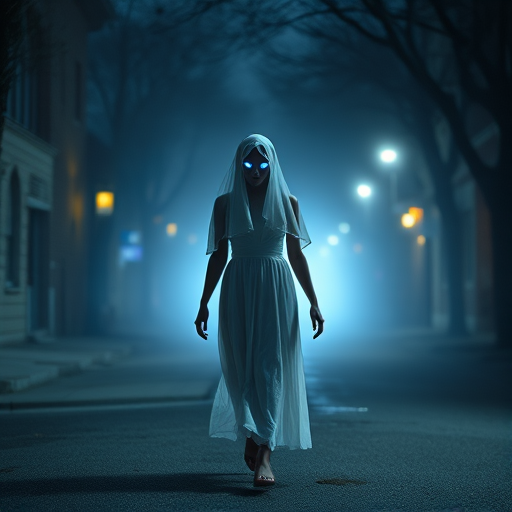 A ghostly figure in a white flowing dress with glowing eyes walking through a foggy street at night, soft focus with a 50mm lens, f/1.8 aperture, ISO 200, tripod mounted, twilight scene with backlighting effect.