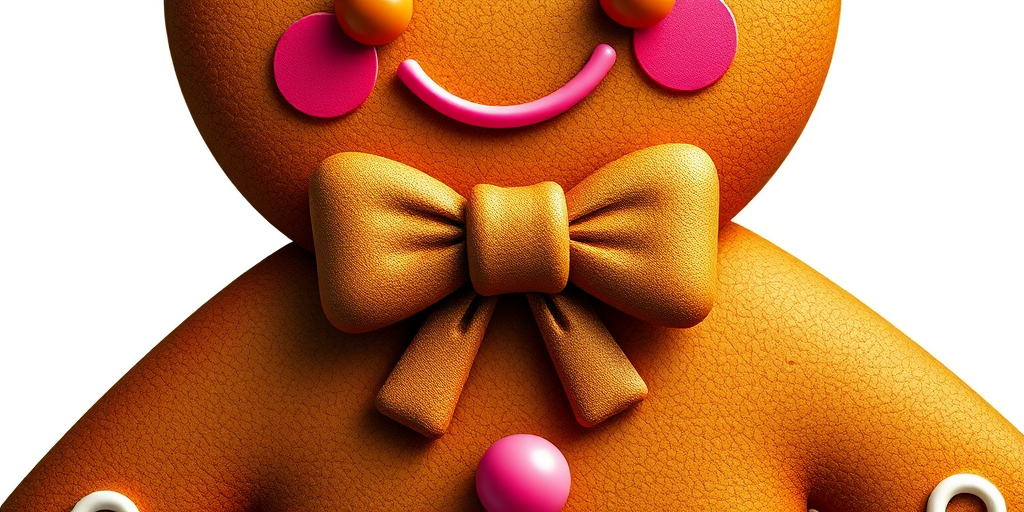 Generate a high-resolution illustration of a gingerbread figure with a decorative bow, featuring a detailed texture; camera settings: ISO 100, f/8, 1/200s; camera view: frontal; camera style: vibrant colors; camera type: DSLR.