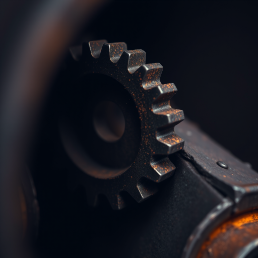 Create a highly detailed image of a rusty gear with a dark background, using a DSLR camera, 50mm lens at f/2.8, with a shallow depth of field, 1/100s shutter speed, and ISO 100 for enhanced clarity and texture.