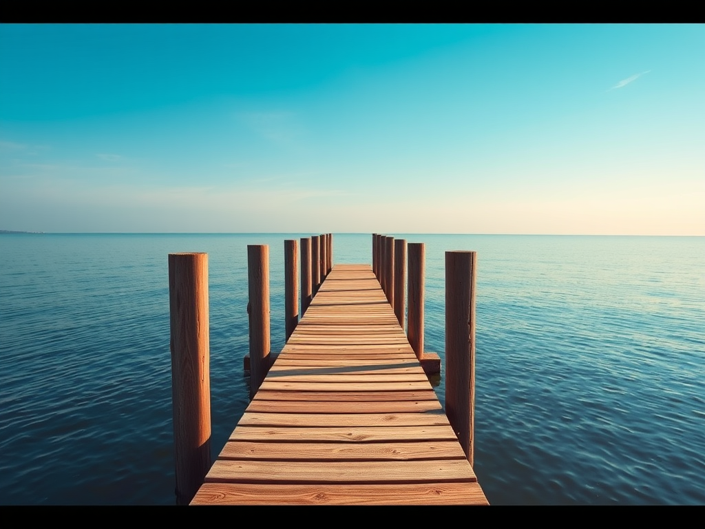 Create a realistic image of a wooden dock extending over calm waters under a clear blue sky, captured with a DSLR camera, 50mm lens, f/2.8 aperture, ISO 100, at an angle of 45 degrees, with soft natural lighting to enhance details.