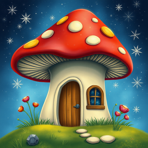 this photo is illustration of a mushroom house with a door and a window, a storybook , fantasy art, mushroom house, bg starry sky, sparkles