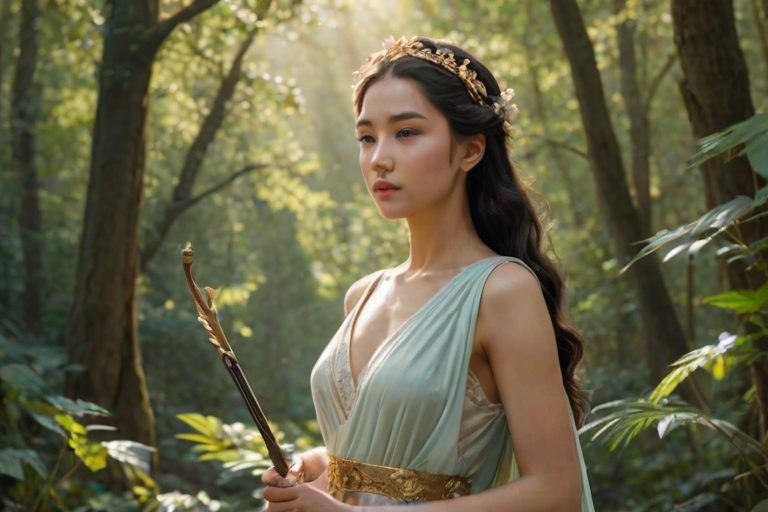 Create a portrait of a goddess-like Uyghur girl figure in a tranquil, forested environment. She has an elegant appearance with long, wavy hair styled in an updo and adorned with a delicate, floral headband. She wears a flowing, ancient Greek-inspired gown in a soft, pale color, featuring a one-shoulder design and draped fabric that accentuates her graceful form. The outfit includes a decorative belt with ornate gold detailing, and she holds a bow in her hand, with a quiver of arrows slung over her shoulder. The background depicts lush greenery, with sunlight filtering through the trees, casting a gentle, ethereal light on the scene. Her expression is calm and contemplative, embodying a sense of wisdom and serenity.