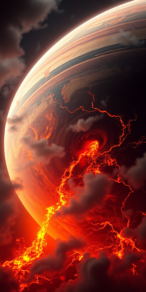 Generate a highly detailed image of a fiery planet with volcanic landscapes and swirling clouds, captured with a Canon EOS 5D Mark IV, 35mm lens, f/2.8 aperture, ISO 100, 1/200 sec, in a dramatic close-up view with vibrant colors and high contrast for enhanced texture and depth.