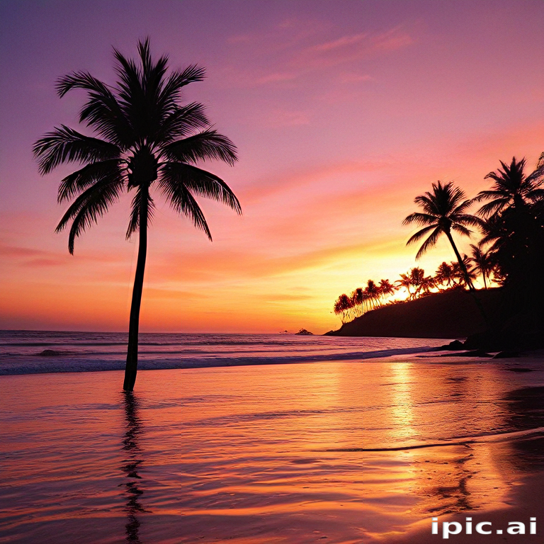 Serene Sunset Over Tropical Beach with Silhouetted Palm Trees and Waves
