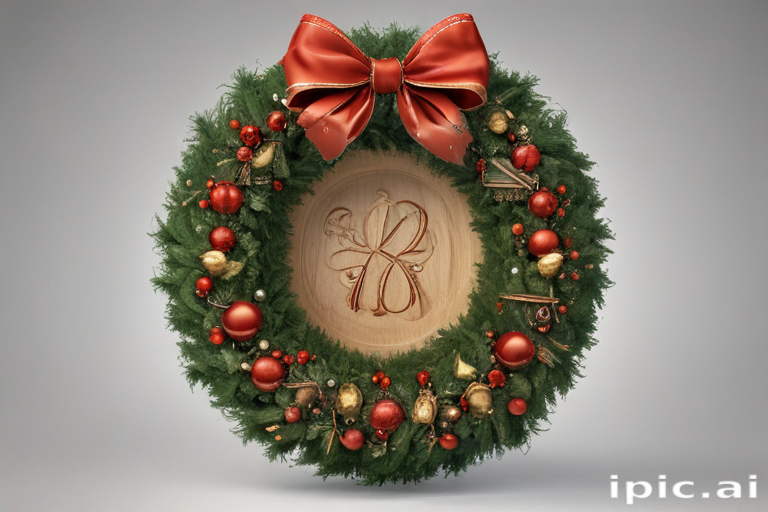 Festive Green Christmas Wreath Adorned with Red Bow and Ornaments