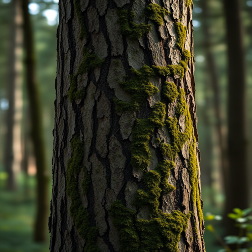 Generate a high-resolution image of a tall tree trunk with textured bark and green moss, shot with a Canon EOS R5, 85mm lens, f/1.8 aperture, ISO 100, natural lighting, shallow depth of field, capturing a blurred forest background for depth.
