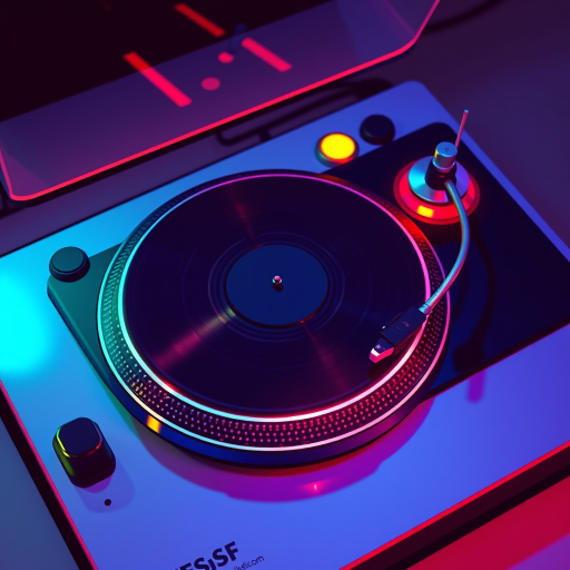 Create a vibrant illustration of a turntable with an emphasized glowing effect, using a Canon EOS 5D Mark IV, 50mm lens, f/1.8 aperture, ISO 100, and a slight overhead perspective to highlight the details and colors in high contrast.