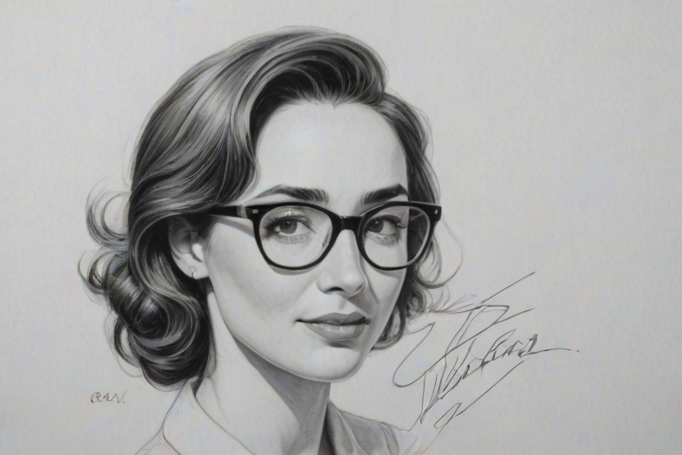 Graceful Allison Scagliotti, pencil sketch, portrait of Radiant woman 1951s in glasses, hair style beatnik, outline, clear lines, fine lines, 8k