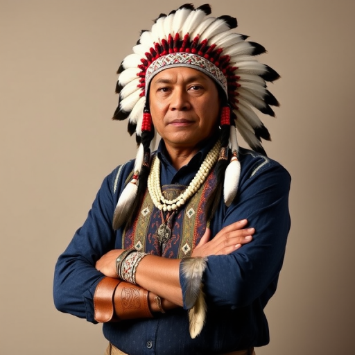 Create a dignified portrait of a Native American man dressed in traditional attire. He wears a beautifully crafted headdress adorned with white feathers and red beads, along with a beaded headband featuring intricate patterns. His clothing includes a deep blue, patterned shirt and a traditional chest piece with detailed beadwork. His arms are crossed, displaying leather armbands decorated with feathers. The background is simple and neutral, emphasizing his proud and stoic expression. The overall image captures the rich cultural heritage and strength of his persona.