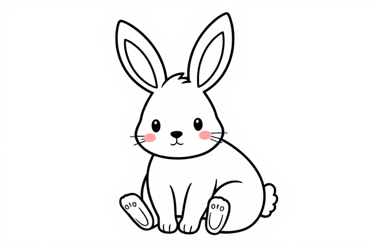 Create a cute cartoon bunny with a round body and small ears sitting down its face should have a simple expression with small eyes and a tiny mouth the outline should be bold and black on a white background
