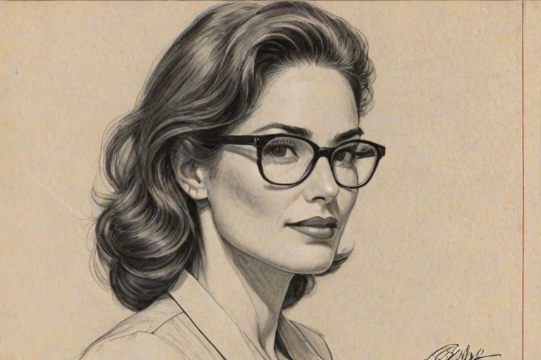 Dazzling Kim Delaney, pencil sketch, portrait of Radiant woman 1943s in glasses, hair style beatnik, outline, clear lines, fine lines, 8k