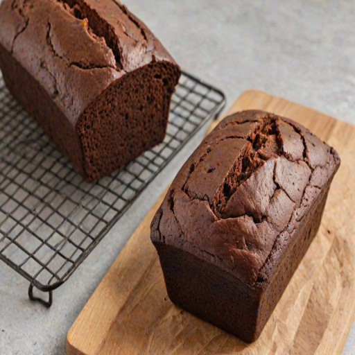 Generate an image of two freshly baked chocolate loaves on a wire cooling rack. The loaves should have a rich, dark brown color and be wrapped in parchment paper. The background should be a simple, neutral kitchen countertop.