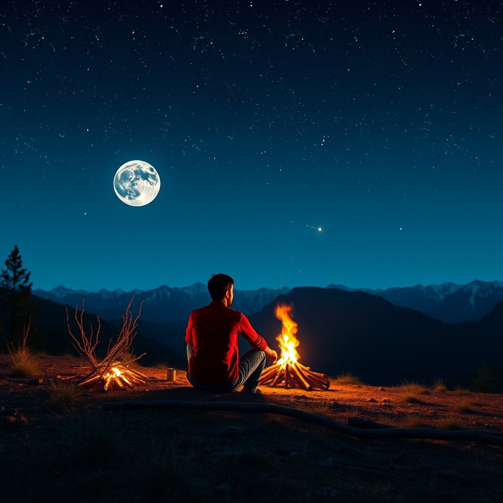 Create a digital art scene of a person in a red shirt sitting by a campfire under a starlit sky, with mountains in the background, a full moon, and a shooting star, using a virtual camera with a wide-angle lens, f/2.8 aperture, ISO 100, 24mm focal length, and a low light setting for enhanced brightness and detail.