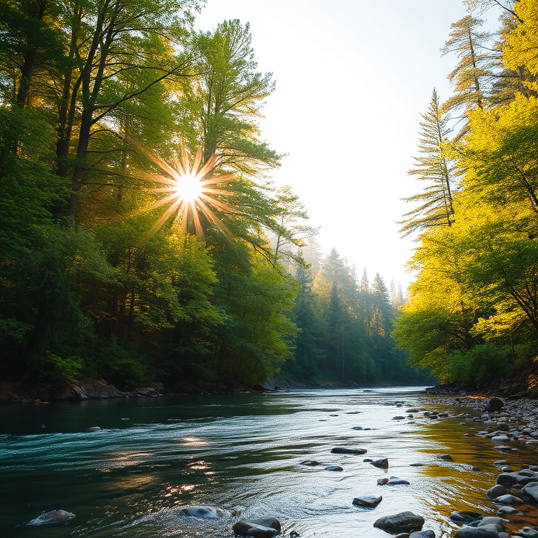 Create an image of a serene, sunlit forest scene with a clear, gently flowing river. Tall trees with lush green foliage line both sides of the river, their leaves bathed in the warm golden light of the setting or rising sun. The sunlight filters through the trees, casting soft, dappled light on the river, which flows over smooth rocks and pebbles, creating a peaceful, natural atmosphere. The sky is bright with a few scattered clouds, and the overall mood is tranquil, evoking a deep sense of connection with nature. The image captures the beauty of a calm, pristine forest landscape at either dawn or dusk.