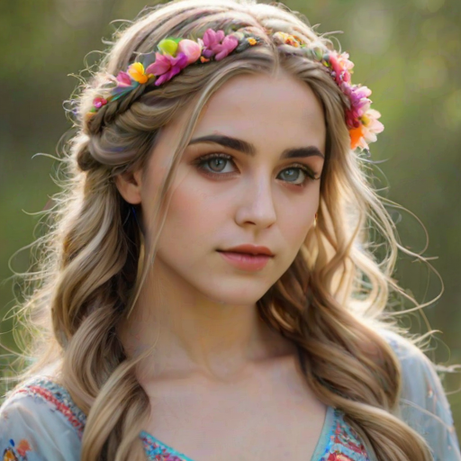 Create an image of a young Armenian woman with long, wavy blonde hair, adorned with small, colorful flowers woven into her braids and loose strands. Her complexion is fair, with soft, glowing skin, and she has light blue eyes that gaze softly at the viewer. She wears a light, flowing dress with a gentle, ethereal quality, complementing her delicate and serene appearance. The background is slightly blurred, drawing focus to her tranquil expression and the intricate details of the flowers in her hair. The overall mood of the image is one of natural beauty and grace, evoking a sense of peacefulness and connection with nature.