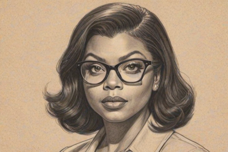 Wonderful Taraji P. Henson, pencil sketch, portrait of Bewitching woman 1939s in glasses, hair style beatnik, outline, clear lines, fine lines, 8k