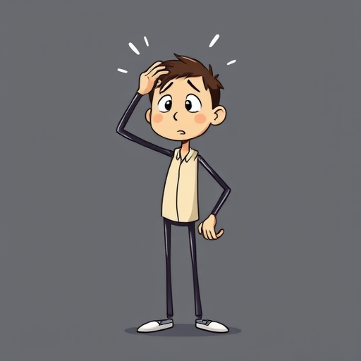 Create a detailed vector illustration of a confused stick figure, with a hand on its head, standing straight with a surprised expression, use a high-resolution setting of 300 DPI, a wide-angle lens view of 24mm, a flat lighting style for even illumination, and render with a professional digital camera type featuring an APS-C sensor.
