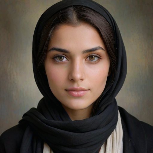 Create a portrait of a young Mizrahi woman with long, dark hair and captivating hazel eyes. She is wearing a black headscarf and a matching scarf draped gracefully around her neck. The background is softly blurred, focusing attention on her serene and natural expression. The overall color palette is muted and warm, enhancing the intimate and authentic feel of the portrait.