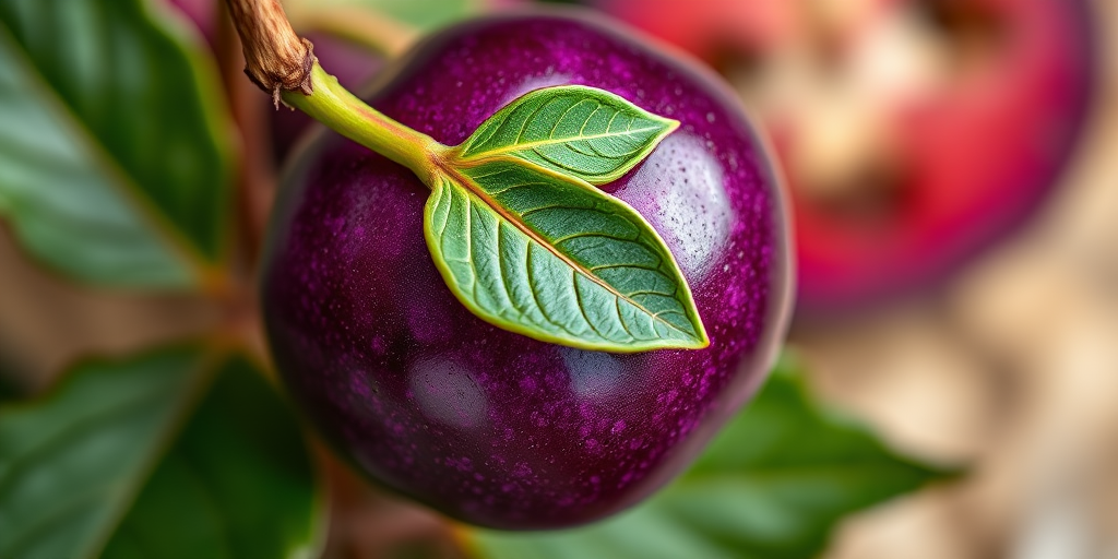 Create a high-resolution image of a stylized purple fruit with a green leaf, using a Canon EOS R5 camera, 50mm lens, f/1.8 aperture, ISO 100, 1/200 sec shutter speed, captured from a high-angle view with soft focus on the background.