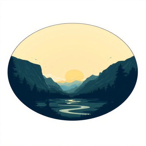 Create a digital illustration of a landscape framed within a circular design, featuring a sun and mountains, using a high-resolution setting of 300 DPI, shot from a straight-on view with a soft focus lens and a DSLR camera type.
