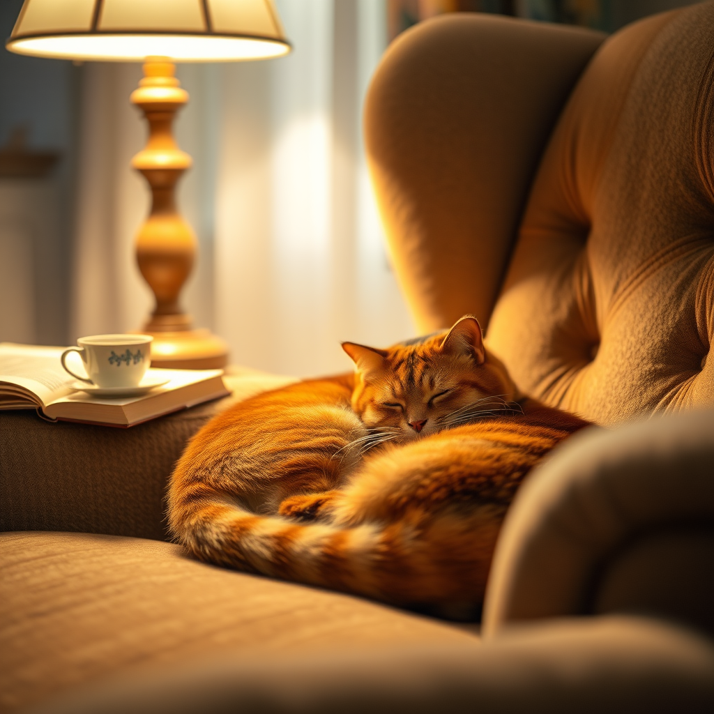 Warmly lit close-up of a cat curled up on a plush armchair, soft light from a nearby lamp casting a cozy glow, with a half-read book and a teacup on a wooden side table in the background.
