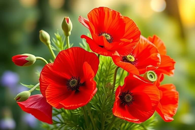 Create a vibrant illustration of a bouquet of bright red poppies with lush green leaves, using a DSLR camera, f/2.8 aperture, 50mm lens, ISO 100, with a soft focus background for depth.