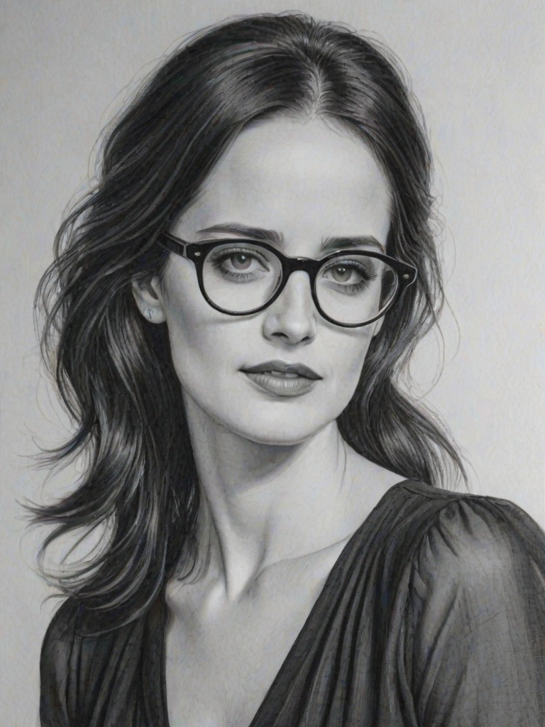 Splendid Eva Green, pencil sketch, portrait of Lovely woman 1975s in glasses, hair style beatnik, outline, clear lines, fine lines, 8k