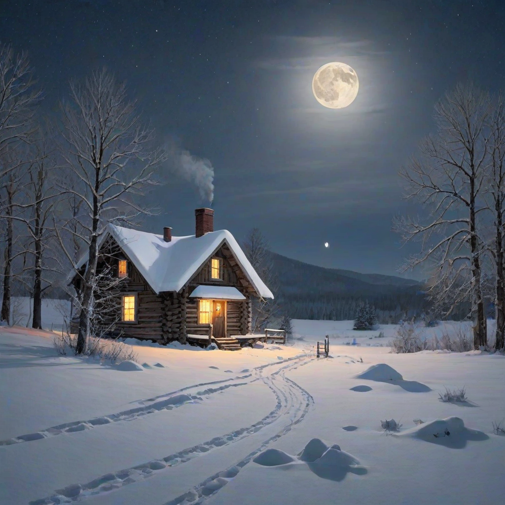 Peaceful winter scene, with a snow-covered landscape, a lone cabin emitting smoke from the chimney, and a bright full moon illuminating the tranquil night.