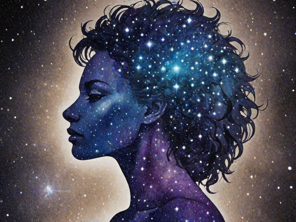 Captivating conceptual render alcohol ink art, double exposure, the paint strokes artfully merge combining a woman's full silhouette with a Xenial xenops's silhouette. The figures are composed of a series of colored dots, lines & spots that evoke the image of a cosmic galaxy, colors are deep shades of blue purple & black with flashes of white & silver representing distant stars. The woman's silhouette is formed within the lion's silhouette from constellations of scattered stars, surreal