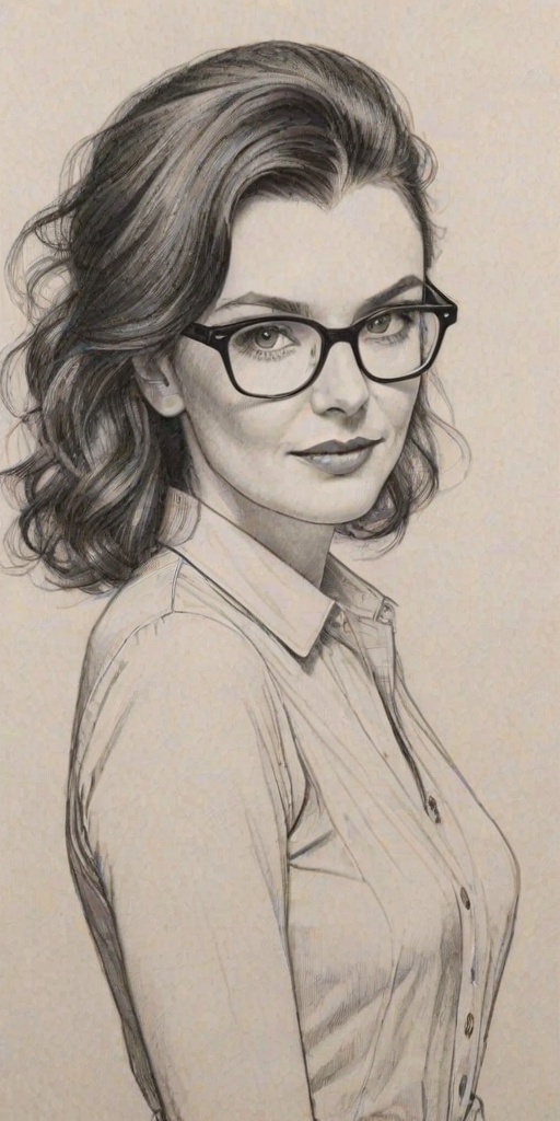 Radiant Aisling Bea, pencil sketch, portrait of Radiant woman 1939s in glasses, hair style beatnik, outline, clear lines, fine lines, 8k