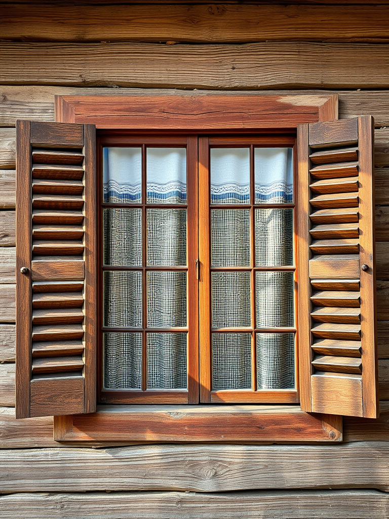 Create an image of a rustic wooden window with closed shutters, showcasing a textured curtain behind the glass, captured in natural daylight with a DSLR camera, aperture set to f/4, ISO 100, and a focal length of 50mm, using a shallow depth of field for enhanced detail.