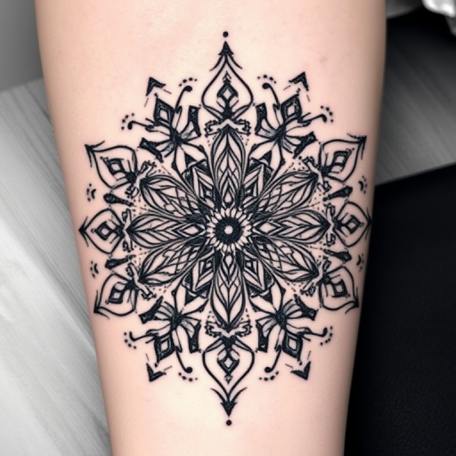 Geometric mandala tattoo named "Sacred Symmetry" featuring intricate patterns and shapes in perfect balance. Delicate dotwork shading adds depth and dimension to the design, while clean lines create a mesmerizing optical effect. Black ink dominates the piece, with subtle touches of white ink highlighting key elements for added contrast.