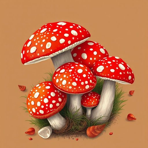 create a vibrant illustration of red and white spotted mushrooms with a simple brown background, using a Canon EOS R5 with a 50mm lens at f/2.8, 1/125s, ISO 100, top-down view, digital art style for enhanced clarity and color saturation