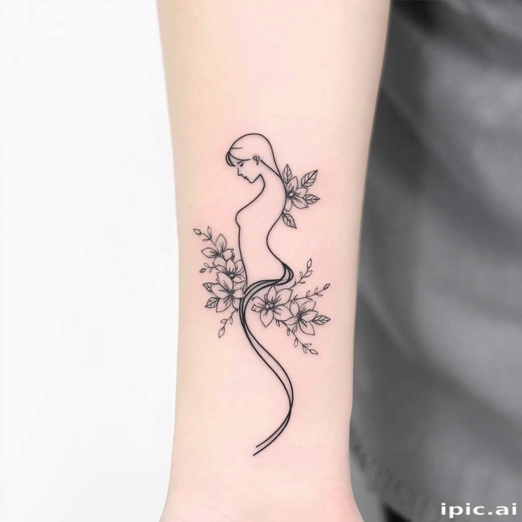 Minimalist single-line continuous tattoo, "Fluid Essence," depicting a graceful female form intertwined with delicate flowers and leaves, using a thin black line that never breaks or crosses itself, ideal for wrapping around the wrist or ankle