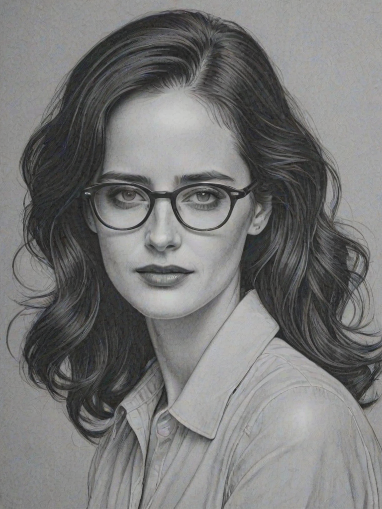 Fascinating Eva Green, pencil sketch, portrait of Wonderful woman 1945s in glasses, hair style beatnik, outline, clear lines, fine lines, 8k