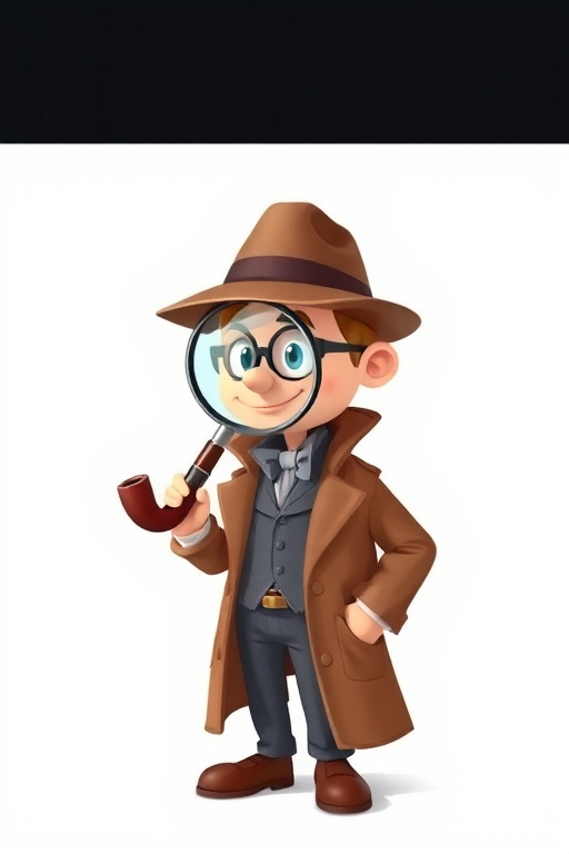 Create a cartoon detective character with a magnifying glass and a pipe, wearing a brown suit and a hat, set against a simple white background, taken with a DSLR camera at f/2.8 aperture, 50mm lens, natural lighting, and a shallow depth of field for enhanced focus and quality.