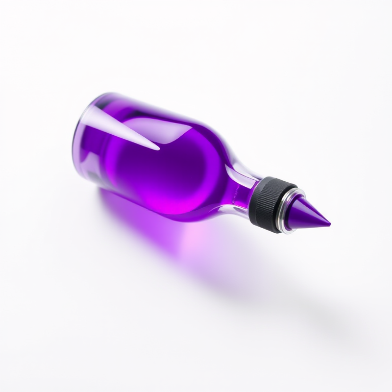 Regenerate an image of a round bottle with a narrow tip and a glossy finish, filled with bright purple liquid, positioned on a simple white background, using a DSLR camera, 50mm lens, f/2.8 aperture, ISO 100, natural lighting, and a shallow depth of field.