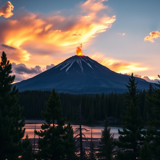 Generate an image of a volcanic eruption with a mountain in the background, set against a sunset sky with dramatic clouds, capturing a serene lake in the foreground surrounded by pine trees, using a DSLR camera with a 35mm lens, aperture f/8, ISO 100, and a low angle view for depth.