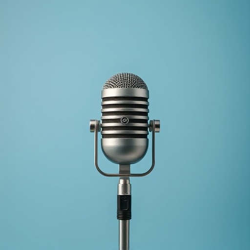Create a minimalist design of a vintage microphone in a circular format with a soft blue background, using a Canon EOS R5 with a 50mm lens, aperture f/2.8, ISO 100, and a shallow depth of field for enhanced image quality.