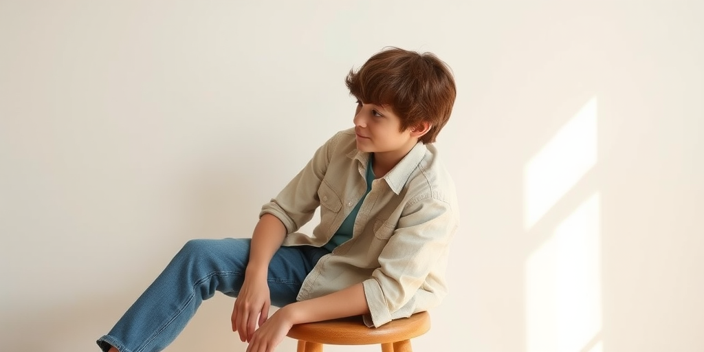 Regenerate the image of a young person with tousled hair sitting on a stool, wearing a light shirt and jeans, in a minimalist style; use a DSLR camera with a 50mm lens, f/1.8 aperture, ISO 100, and a soft natural light view from the left to enhance image quality.