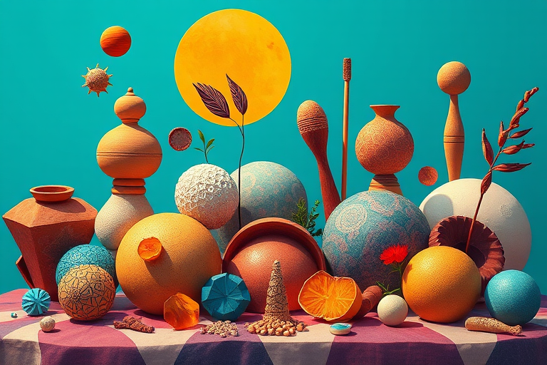 Create a vibrant, high-resolution digital illustration of abstract shapes and objects inspired by natural forms and artifacts, using a Canon EOS R5, 50mm lens, f/8 aperture, 1/125 shutter speed, and optimized for bright daylight lighting to enhance color saturation and detail.