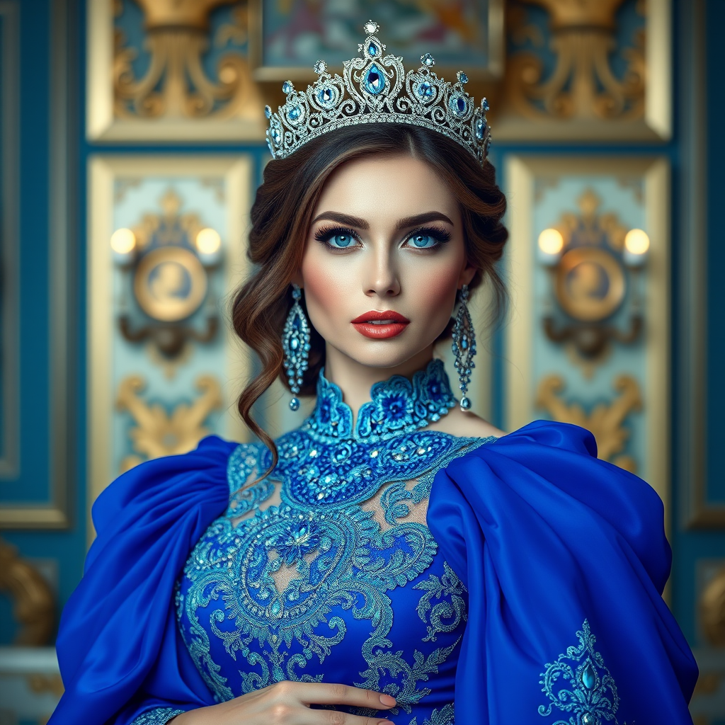A gorgeous Kazakh woman in a luxurious blue gown, accessorized with a dazzling tiara and statement earrings, her deep blue eyes highlighted by impeccable makeup, poised in a royal setting, photorealistic, 8K quality