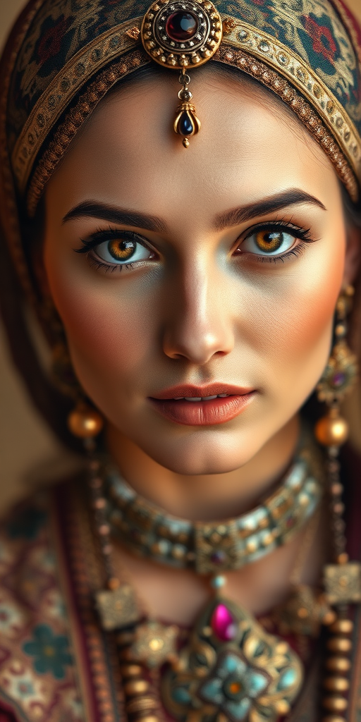 Create a portrait of a beautiful woman with striking hazel eyes and a gentle expression. She is adorned in traditional attire with intricate patterns, including a richly embroidered headscarf and matching garments. Her jewelry includes a delicate headpiece, dangling earrings, and ornate bracelets, all featuring vibrant gemstones and detailed metalwork. The background is soft and warm, enhancing the rich colors of her outfit and jewelry.