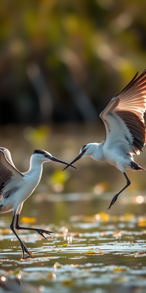 capture a close-up of two birds interacting in wetland with one taking off, shallow depth of field, soft natural lighting, 1/1000s shutter speed, f/4 aperture, ISO 200, DSLR camera with 200mm lens