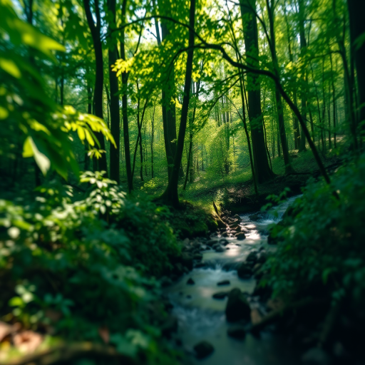 Create a high-resolution artistic rendering of a tranquil forest scene featuring lush greenery, soft sunlight filtering through the leaves, and a gentle stream flowing through the landscape, captured with a Canon EOS R5, 50mm lens, f/2.8 aperture, ISO 100, at a shallow depth of field for enhanced bokeh.